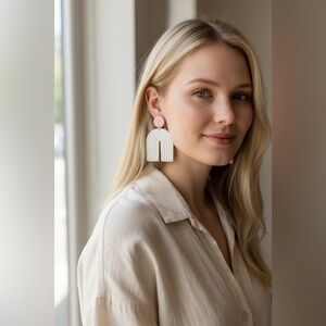 Boho White & Pink Polymer Clay Rainbow Dangle Earrings NEW